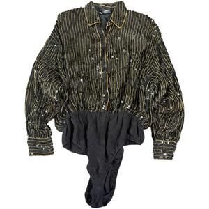 MODI Black Gold Sequin Bodysuit 100% Rayon Vintage 80s Glam Disco M 8-10